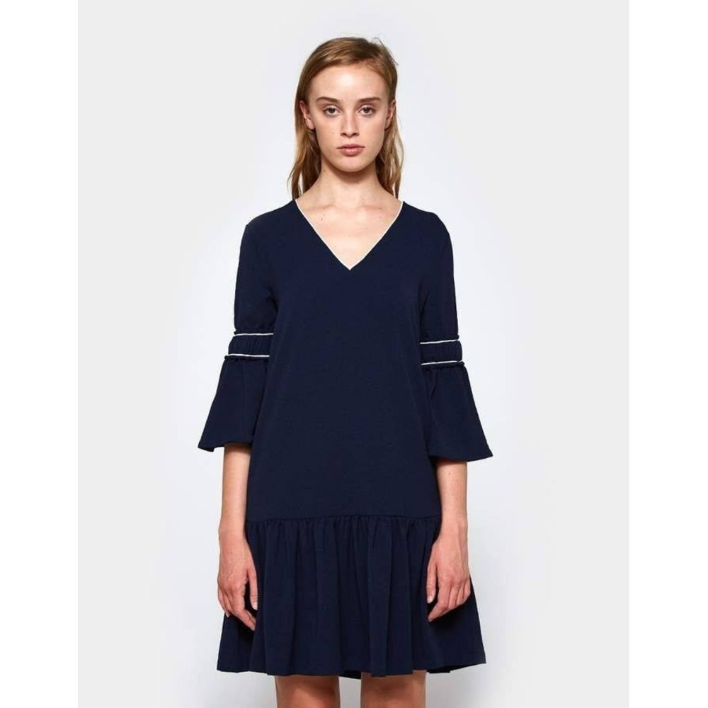 Ganni Dress Women 34 US 4 Navy Blue Bell Sleeve Ruffle Hem V Neck Clark Crepe